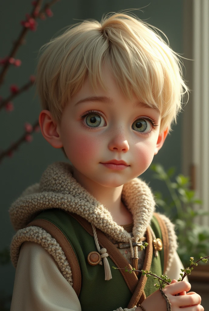 Portrait of a cute boy, 5-, ashy gray hair, short haircut, large dark green eyes, plump bow lips, light yellow jumpsuit, realism, watercolor, 4K, High detail