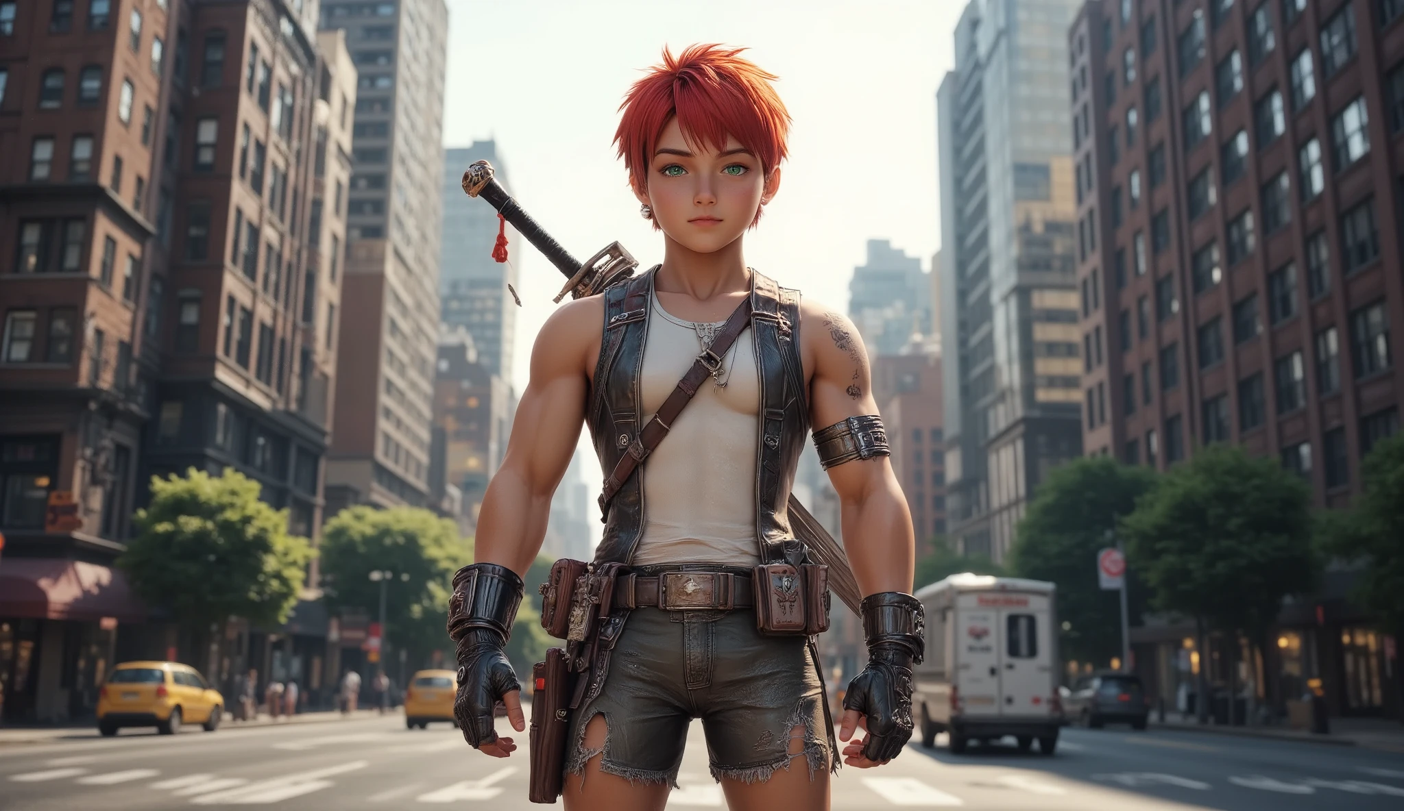 1boy, red short hair, green eyes, 12yrs old, wear sleeveless military vest, leather harness, short torn pants, shine tan skin, sword, beautiful legs, solo, standing on newyork city street, skyscraper, realistic background, studio lighting, soft focus, physically-based rendering, professional