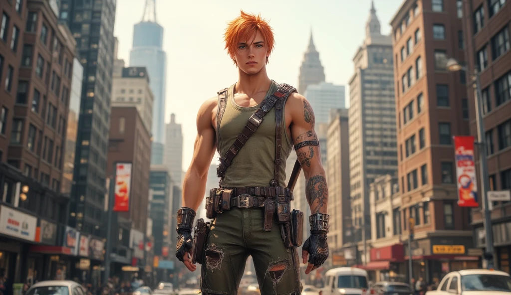 1boy, cute, orange short hair, green eyes, wear sleeveless military vest, leather harness, short torn pants, shine tan skin, sword, beautiful legs, solo, standing on newyork city street, skyscraper, realistic background, studio lighting, soft focus, physically-based rendering, professional