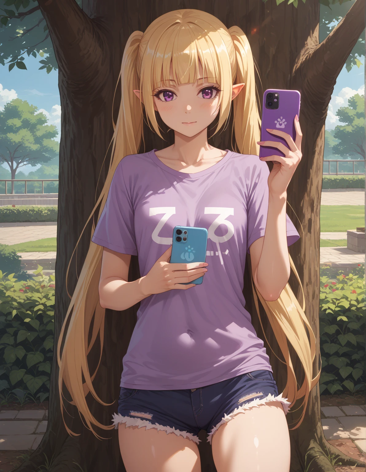 score_9, score_8_up, score_7_up, otoko no ko, solo, crossdressing, yuki \(princess connect!\), purple eyes, blonde hair, blunt bangs, long twin tails, pointy ears, purple t-shirt, short shorts, holding smartphone, wide shot, under tree,
BREAK,masterpiece, best quality,