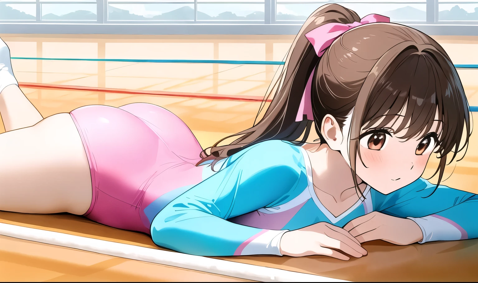 a cartoon anime figure in sexy outfit while doing gymnastics on the floor, 1girl, leotard, solo, athletic leotard, brown hair, ponytail, on stomach, brown eyes, lying, ass, long hair, gymnastics, blush, pink leotard, bangs, indoors, long sleeves, closed mouth