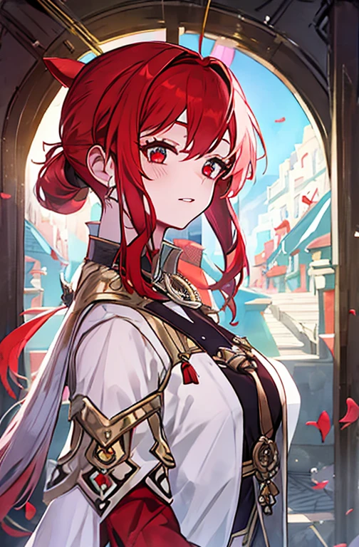 Shoulder hair,  ponytail,  no bangs , Red Hair,  golden eyes, High school girl, Royal,  Portrait , Bad boy