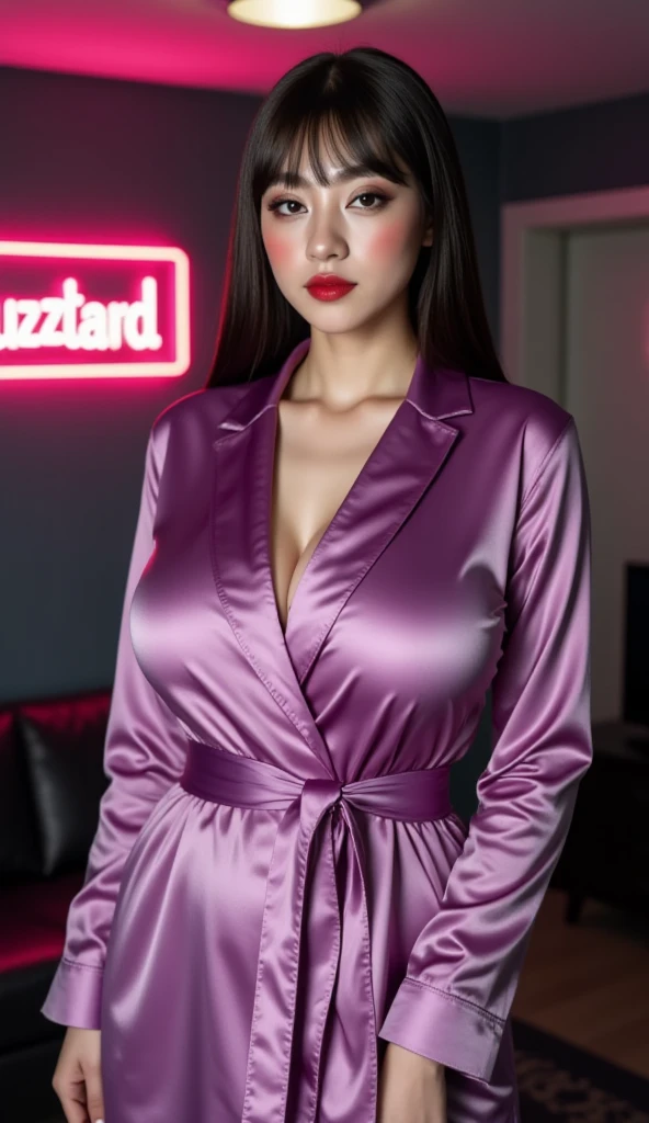 a beautiful influencer woman, standing in a dimly lit modern apartment room. dark room with neon sigh effect text "Buzztard", neatly straight dark brown hair. she wearing a holographic magenta satin glossy robe dress sleepwear, detailed pretty face pouty lips expression, backlit, bokeh
