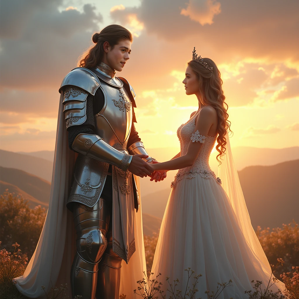 Create an image of a gentleman in shimmering silver armor holding hands with a beautiful princess