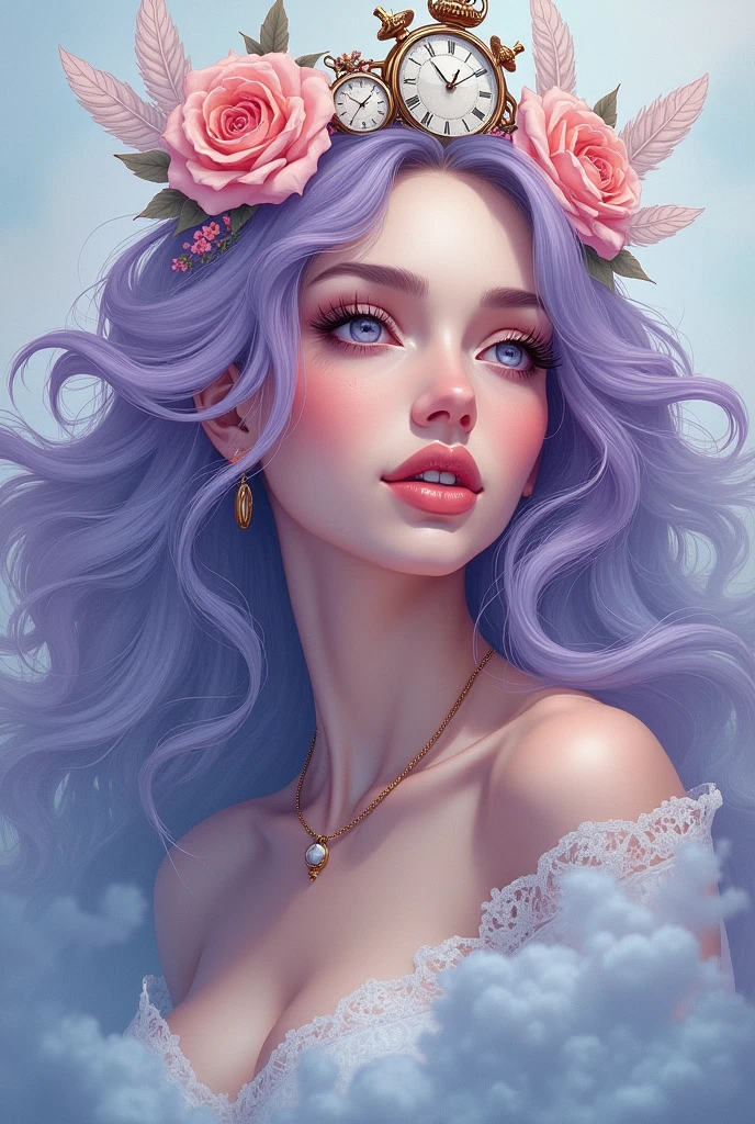 a portrait of a goddess of seduction, embodying the theme "The Gift of Time," in a comic and graffiti style with a dreamy, foggy atmosphere. Use soft pastel colors to give her an ethereal presence. Her expression is serene yet alluring, with soft lavender eyes and a gentle smile. She wears a delicate crown instead of a hat, adorned with pastel roses, feathers, and small clock faces, symbolizing the precious nature of time. Her flowing hair is a blend of pastel pink, blue, and lavender, swirling like mist around her. The background is filled with faded, graffiti-style clocks, gears, and swirling fog, creating a mystical, timeless feel. The overall atmosphere is soft and surreal, as if she exists in a realm where time itself is a precious, dreamy gift.