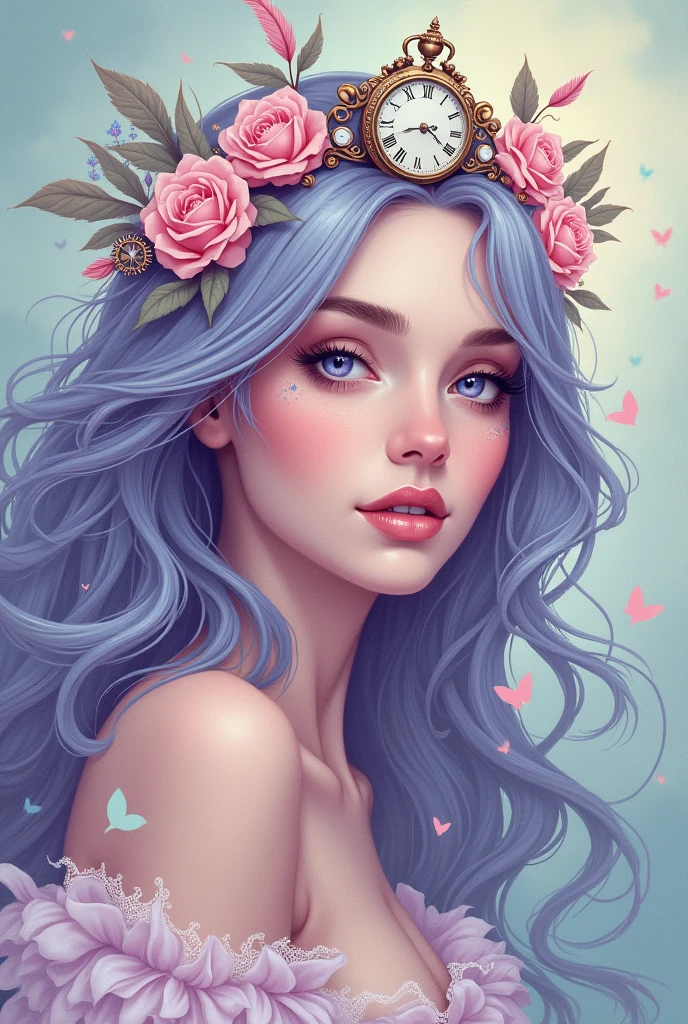 a portrait of a goddess of seduction, embodying the theme "The Gift of Time," in a comic and graffiti style with a dreamy, foggy atmosphere. Use soft pastel colors to give her an ethereal presence. Her expression is serene yet alluring, with soft lavender eyes and a gentle smile. She wears a delicate crown instead of a hat, adorned with pastel roses, feathers, and small clock faces, symbolizing the precious nature of time. Her flowing hair is a blend of pastel pink, blue, and lavender, swirling like mist around her. The background is filled with faded, graffiti-style clocks, gears, and swirling fog, creating a mystical, timeless feel. The overall atmosphere is soft and surreal, as if she exists in a realm where time itself is a precious, dreamy gift.