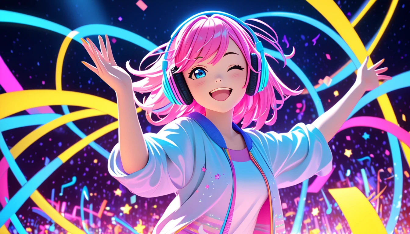 A close-up 3D CGI rendering of a cute and vibrant female character inspired by the song lyrics 'Rhythmic Collision.' She has glowing neon headphones, a bright and cheerful expression, and colorful pastel hair with streaks of pink, blue, and yellow. Her playful smile radiates joy, and she appears to be dancing or moving to music. The background is a neon-lit digital world with lively abstract musical patterns and glowing effects, creating a dynamic and fun atmosphere. The composition is in a 16:9 aspect ratio, focusing on her face and upper body.