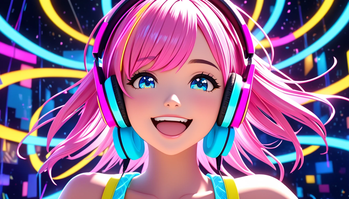 A close-up 3D CGI rendering of a cute and vibrant female character inspired by the song lyrics 'Rhythmic Collision.' She has glowing neon headphones, a bright and cheerful expression, and colorful pastel hair with streaks of pink, blue, and yellow. Her playful smile radiates joy, and she appears to be dancing or moving to music. The background is a neon-lit digital world with lively abstract musical patterns and glowing effects, creating a dynamic and fun atmosphere. The composition is in a 16:9 aspect ratio, focusing on her face and upper body.