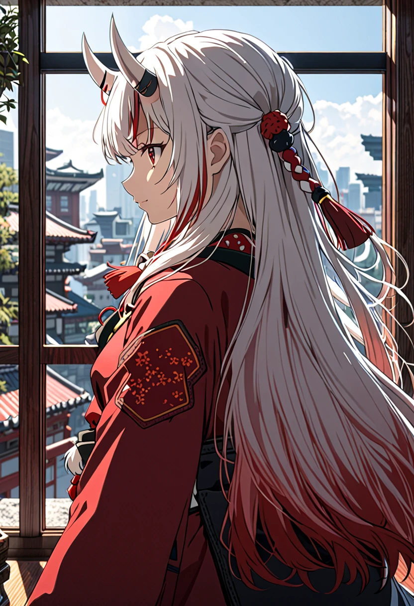 8K Ultra High-Quality, ultra-detailed, High quality, Nakiri ayame, white oni horns, long hair, side view, standing infront of window
