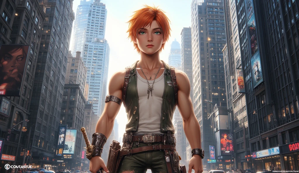 1boy, orange short hair, green eyes, wear sleeveless military vest, leather harness, short torn pants, slender body, shine tan skin, sword, beautiful legs, solo, standing on newyork city street, skyscraper, realistic background, studio lighting, soft focus, physically-based rendering, professional