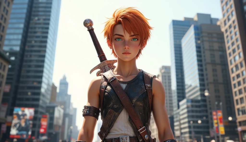 1boy, orange short hair, green eyes, wear sleeveless military vest, leather harness, skinny body, short torn pants, shine tan skin, sword, beautiful legs, solo, standing on newyork city street, skyscraper, realistic background, studio lighting, soft focus, physically-based rendering, professional