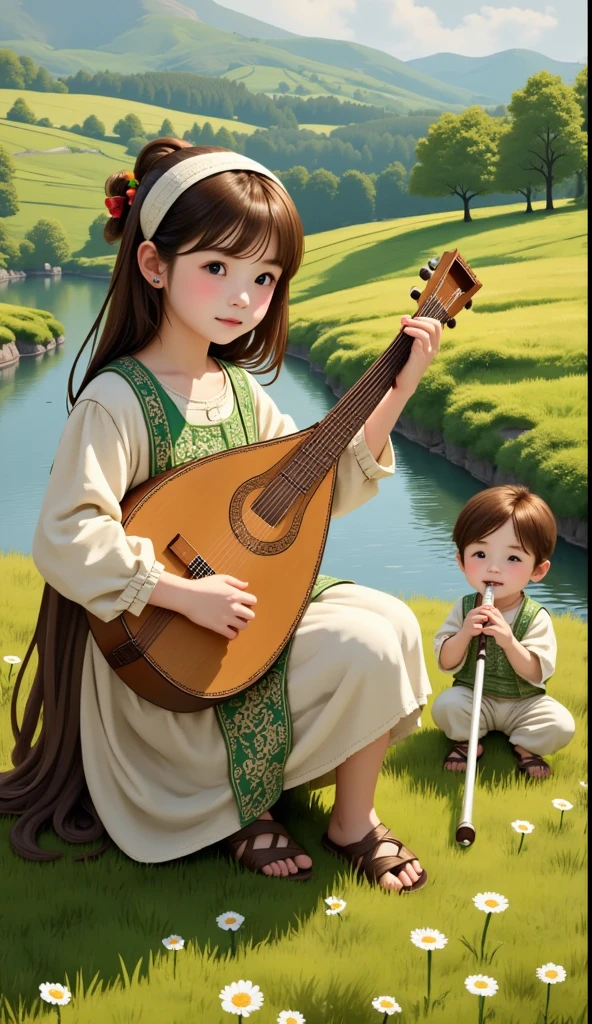 Pastoral Idyll/Idyllic/Pastoral idyll、young girl and boy 、((( the girl plays the lute and the young boy blows the flute:1.7)))、 Celtic Music 、Irish national costume、