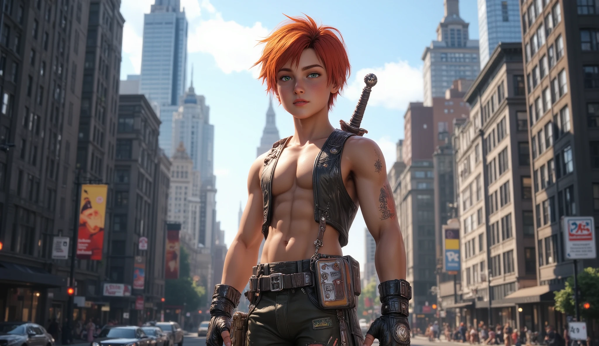 1boy, red short hair, green eyes, 12yrs old, wear sleeveless military vest, leather harness, short torn pants, shine tan skin, open chest, sword, beautiful legs, solo, standing on newyork city street, skyscraper, realistic background, studio lighting, soft focus, physically-based rendering, professional