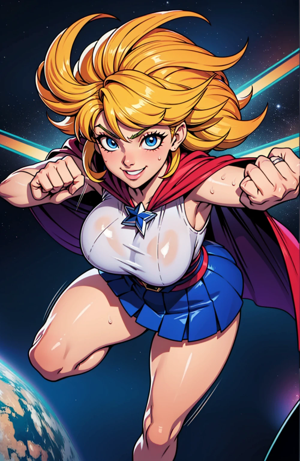 Digital painting of a woman with royal blue and yellow hair, dynamic hair,  super hero, muscle girl, pose, fist up, ((from above)), 1knee up, Behance Contest Winner, Afrofuturism, Synthwave, neon, glowing neon, sagging massive breasts, mini pleats skirt, cape, sweat, glossy silky skin, smile,  in space, 