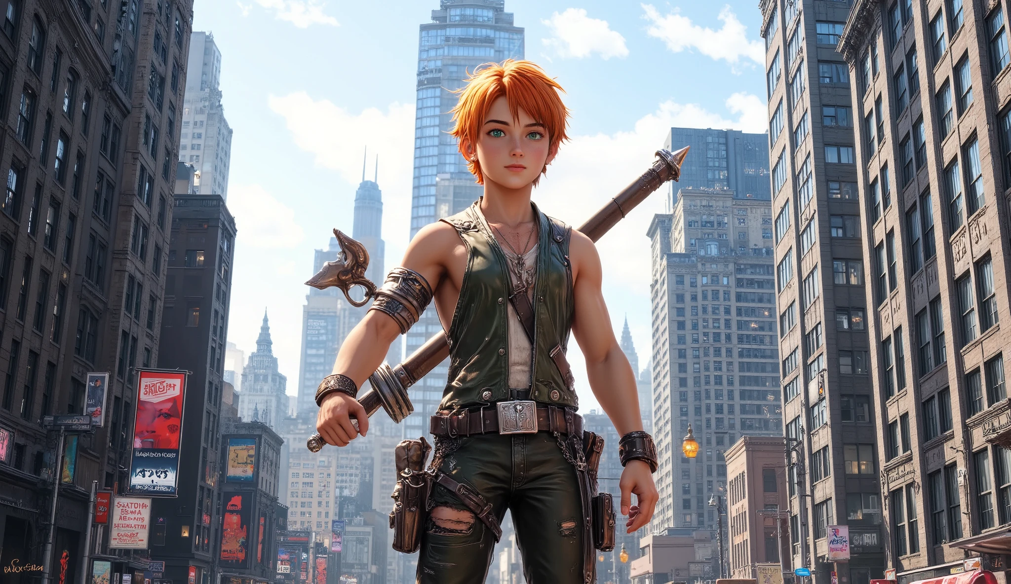 1boy, orange short hair, green eyes, wear sleeveless military vest, leather harness, short torn pants, slender body, shine tan skin, sword, beautiful legs, solo, standing on newyork city street, skyscraper, realistic background, studio lighting, soft focus, physically-based rendering, professional