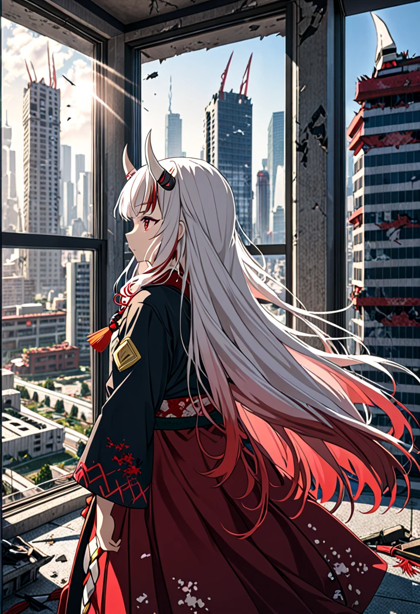 8K Ultra High-Quality, ultra-detailed, High quality, Nakiri ayame, white oni horns, long hair, side view, standing infront of window, modern bedroom, destroyed city
