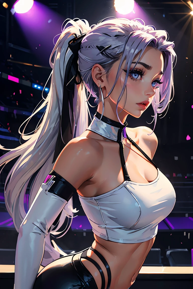 Goddess ((goddess-like woman)), slim elegant silhouette, masterpiece, (close angle), best quality, sweet face, (masterpiece:1,2, best quality), (real picture, intricate details), (1 lady , solo, medium , slim waistline, ), (blue eyes, silver purple hair, multicolored hair, white streaks, long hair:1.4) she has an impressive presence, bracelet, hoop earrings, beautiful face, beautiful eyes, very high ponytail, she Wears a Zipper Cropped Sweater and hip-high long black legging, , z1pp3rsw3at3r, ruch3dband3aus3t,, bare shoulders, midriff, off shoulder, sleeves past wrists, zipper sweater midriff, high heels,leggings, strappy heels, Background: large concert hall, concert hall full of people, she is holding a microphone in her hand, she is a pop star/singer and is performing on a stage, she is completely in her element and feels the magic of music,bokeh