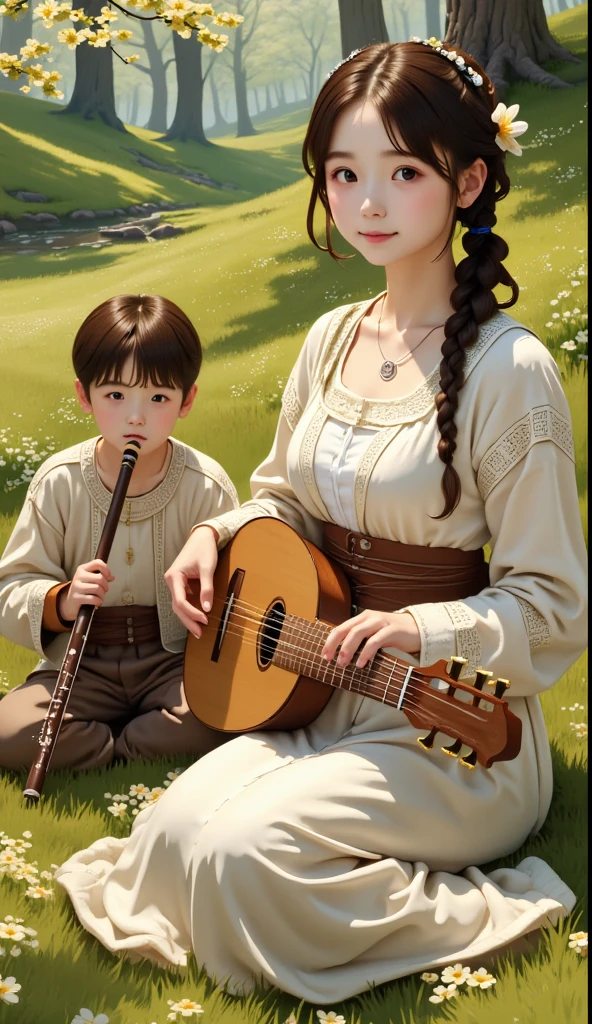 Pastoral Idyll/Idyllic/Pastoral idyll、Young woman and man 、(((The girl plays the lute and the young boy blows the horizontal flute:1.7)))、 Celtic Music 、Irish national costume、