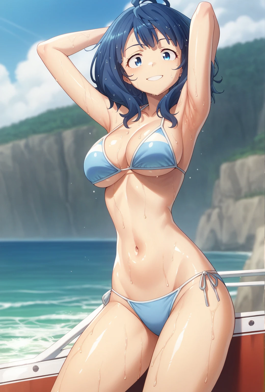 yanamianna, medium hair, ahoge, blue hair, blue eyes, large breasts, bikini, triangle bikini, light blue bikini, curvy, narrow eyes, smile, one arm behind head, armpit, wet, sweat, (shiny skin:1.3), (on stage:1.2), outdoor, ocean, full body, wide shot, masterpiece, best quality, ultra-detailed, high resoolution, 8K, detailed background, dynamic moving, detailed face, anime,