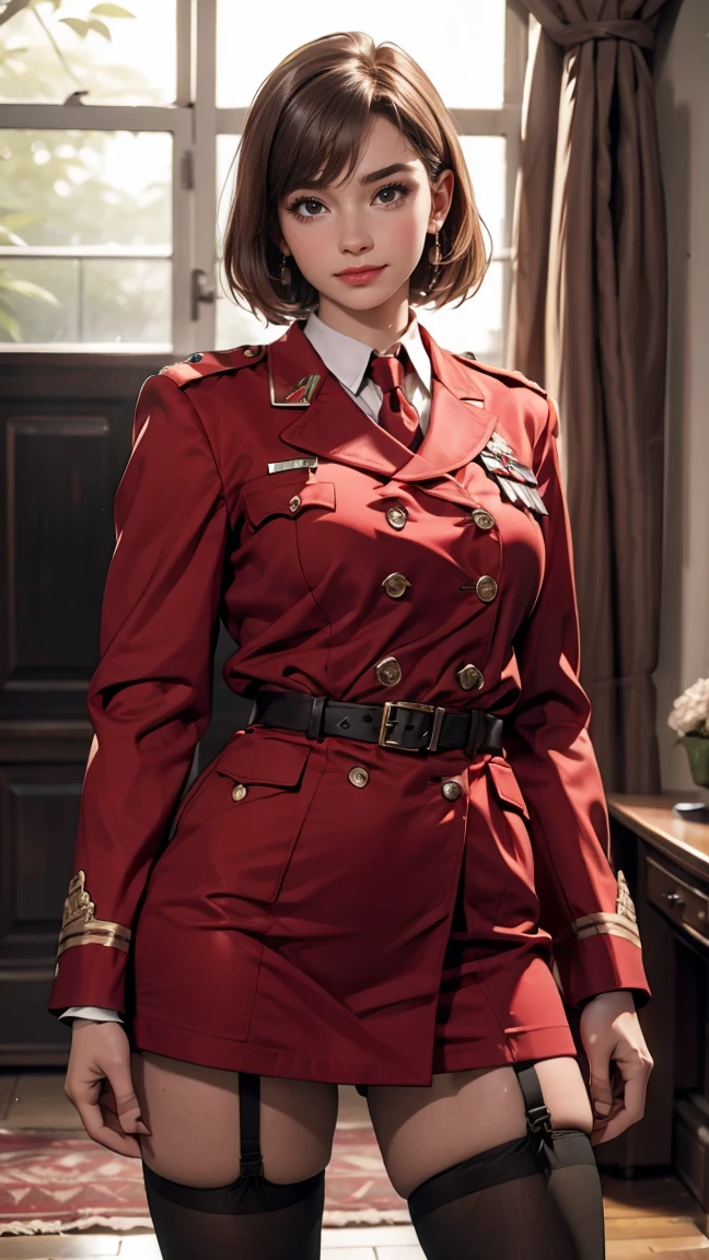 (Realistic:1.5), (Realistic:1.4), 8k, Ultra high quality beautiful girl,Chisato, One Girl, bangs, indoor, short hair, smile, alone, Are standing, ???? pose, Beautiful small ???????, Red Uniform, Garter Straps, stockings, Put your hands behind your back, Red side ribbon, Licorice Reaction Uniform,（Adult sexiness、Attractive eyes）