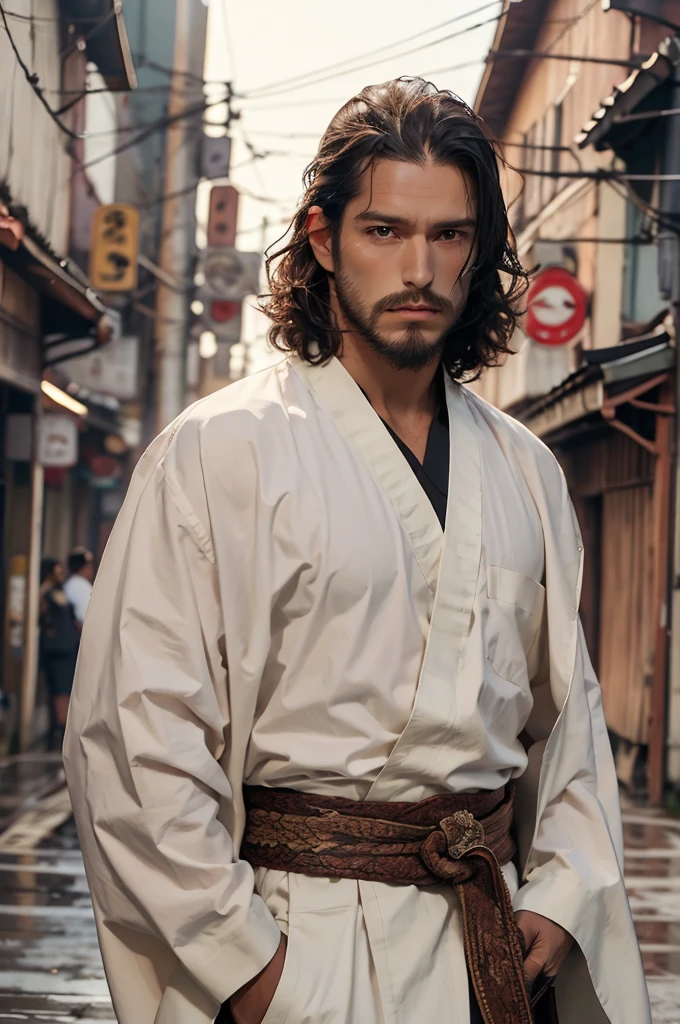 Men,masterpiece,  actual ,  High quality,    super detailed  , cowboy_shooting, High horse tail whip, Long hair， silver hair ,brown-orange hanfu, brown dragon robe 