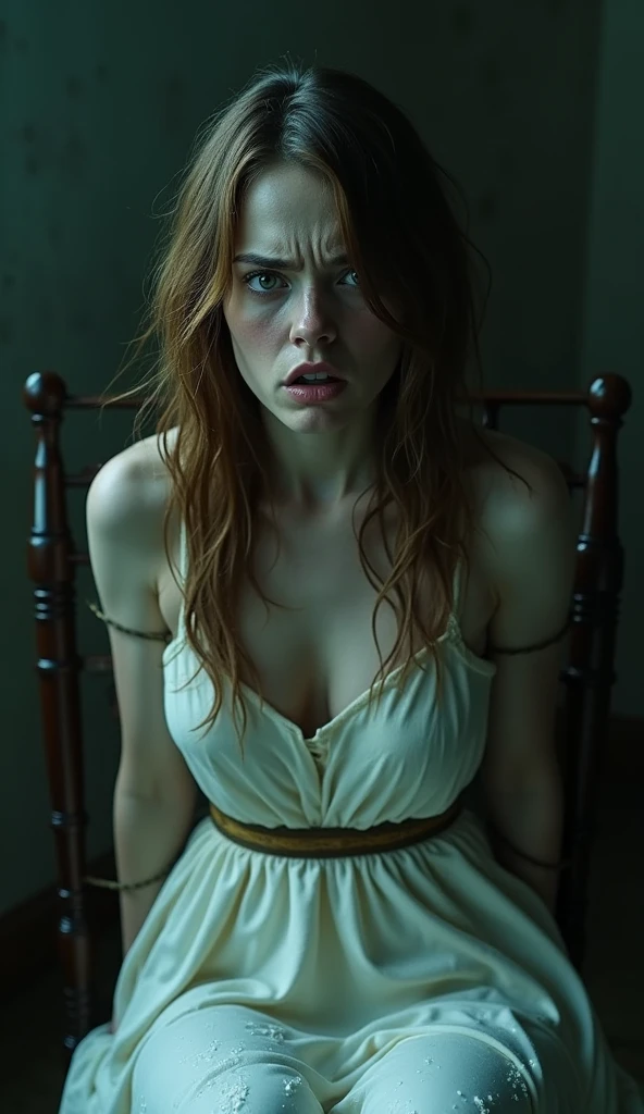 Rotting zombie. Horror. 1girl in, age19, Solo, Aesthetic artwork, irish, wavy ginger hair, shoulder length hair, gray eyes, light grey eyes, pale skin, A-cup, small breasts, runners body, (textured skin, skin pores:1.1), goosebumps, breasts and nipples showing, Photorealistic, 4K, Nikon, reelunsettling, indoors, \solo