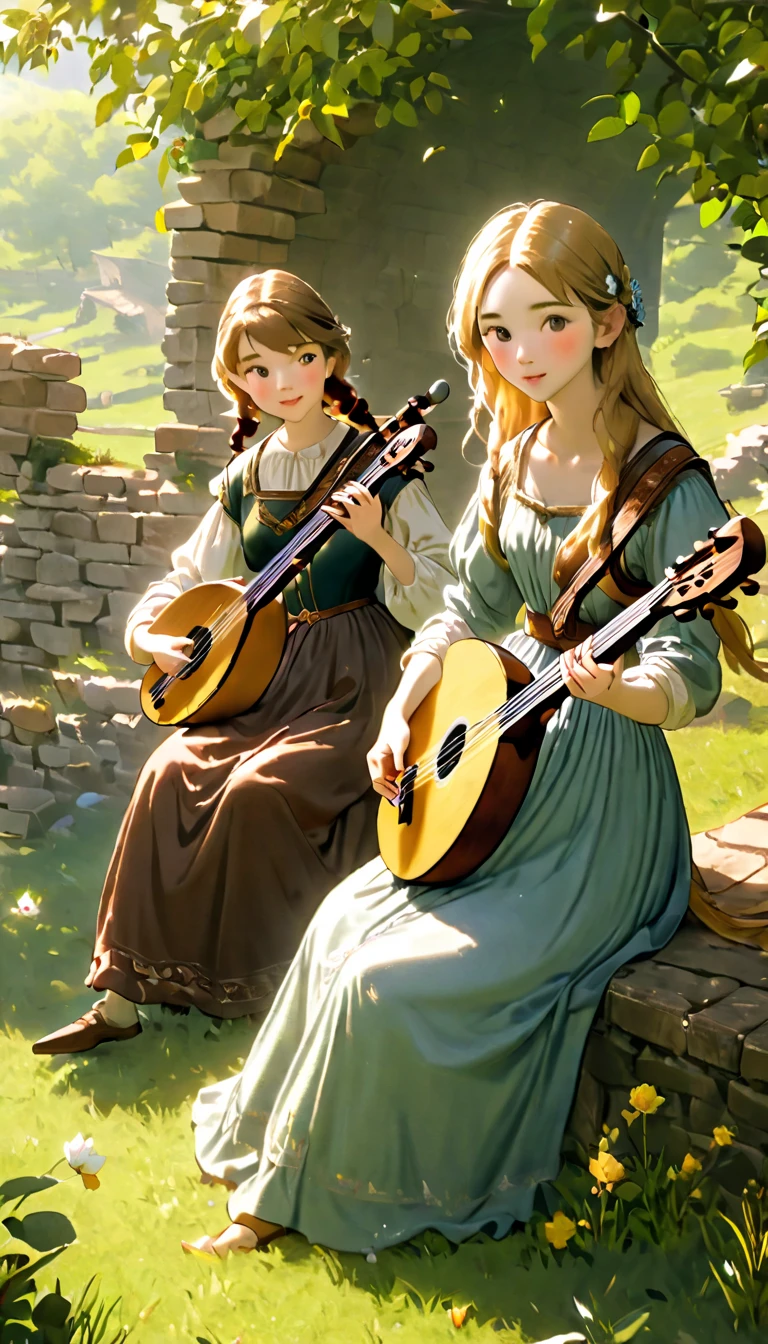 Pastoral Idyll/Idyllic/Pastoral idyll、Young woman and man 、(((The girl plays the lute and the young boy blows the horizontal flute:1.7)))、 Celtic Music 、 Irish folk costume playing the lute 、