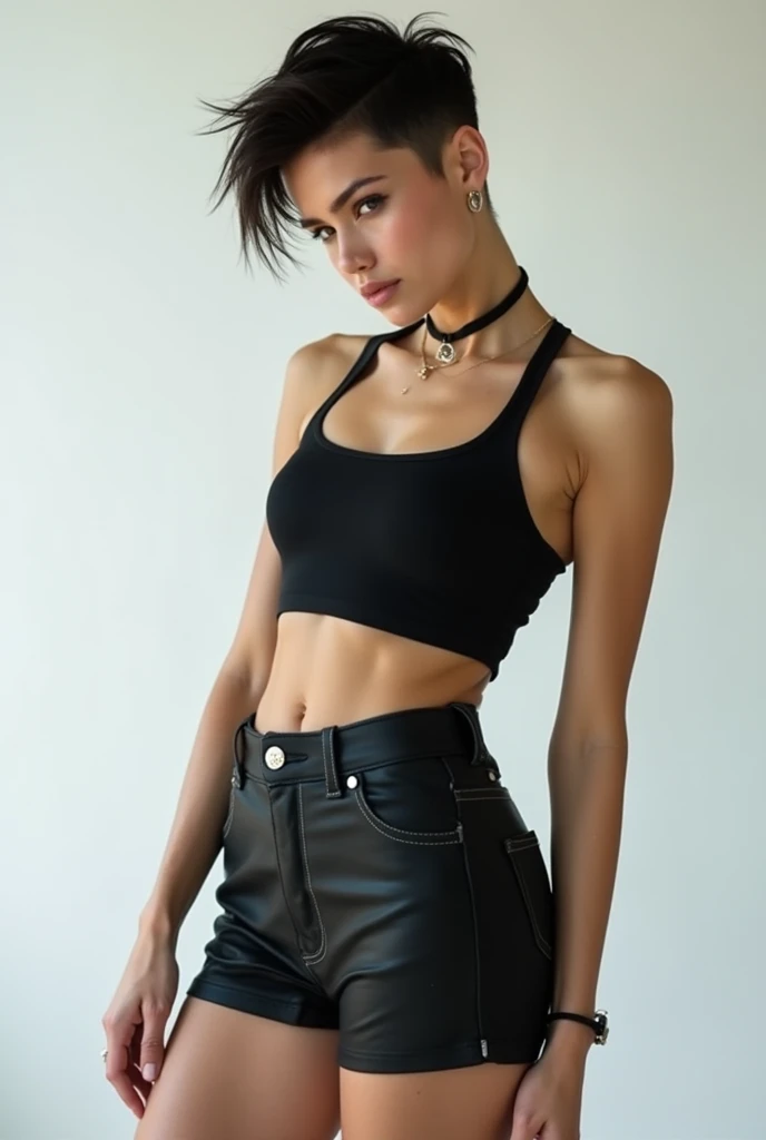 midshot , hi angle, captivating image of a Beautiful cute greek gen-z. girl aged 21, nerdy , irresistable face expression with a French Bob haircut. plumped lipps, fixed nose , small sun neck tatoo She radiates confidence as she stands against a dark nightclub The cinematic quality of the photo, shot with an ARRI Alexa camera and Zeiss lens, captures the essence of a dark inovative style . with a futuristic twist The overall atmosphere is hiphop urban. I cant believe how beautiful she is