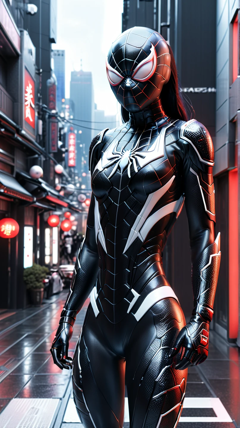 black and white samurai Spider man, 1girl, full body, extremely detailed eyes and face, beautiful detailed lips, long eyelashes, spider web, futuristic Tokyo city, samurai sci-fi armor, sci-fi style, neon colors, cyborg, katana, Japanese, (best quality,4k,8k,highres,masterpiece:1.2), ultra-detailed, (realistic, photorealistic, photo-realistic:1.37), cinematic lighting, dramatic atmosphere, full body