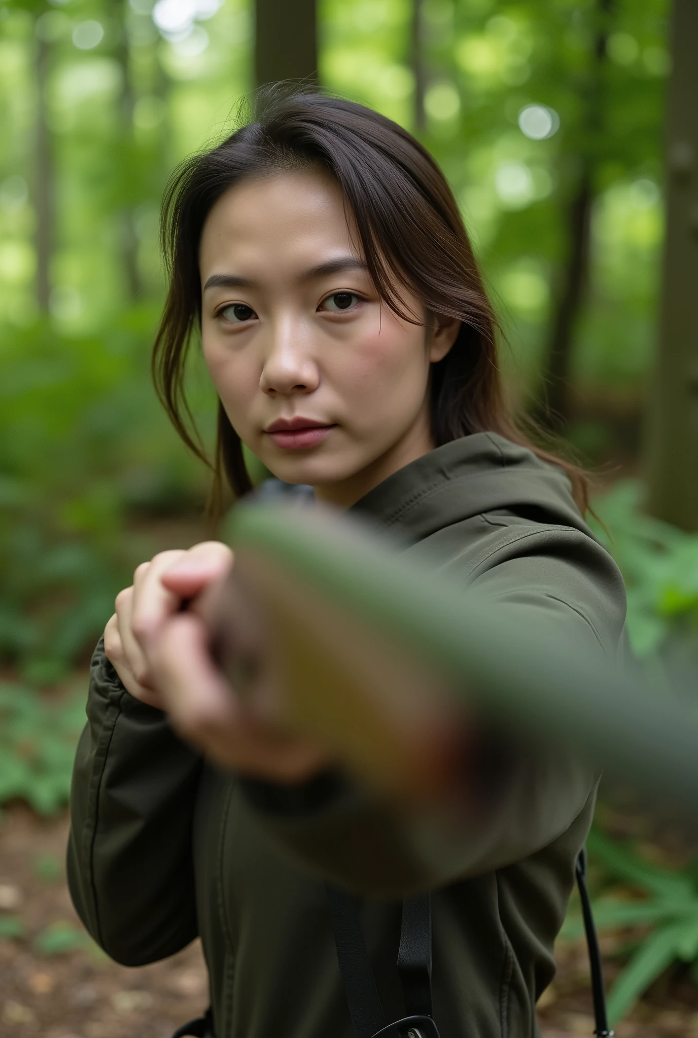 a beautiful young thai actress, 26 years old, slender figure, wearing hunter jacket, action pose holding riffle, photorealistic cinematic photo, lush primeval forest in thailand background, best quality,4k,8k,highres,masterpiece:1.2,ultra-detailed,realistic,photorealistic,photo-realistic:1.37,HDR,UHD,studio lighting,ultra-fine painting,sharp focus,physically-based rendering,extreme detail description,professional,vivid colors,bokeh