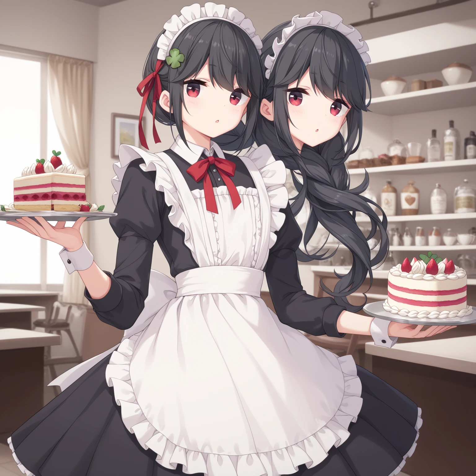  (8k), (  very detailed), (   best illustration   ), Cafe。   maid outfit 。. flat chested。 Shorthair。  big red ribbon barrette。Four leaf clover in hair 。adult。 black hair。Shima Rin,Bring me a cake 。Four leaf clover in hair。 Shorthair