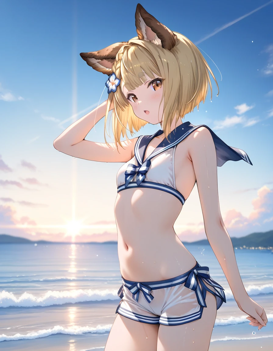 1girl, vajra_(granblue_fantasy), little female, short hair, blonde hair, dog ears, brown eyes, beautiful detailed eyes, small breasts,sailor bikini, bikini shorts, open mouth, wet, outdoors, wind, game CG break,((artist:shida_kazuhiro)),(artist:mitsumi_misato),(artist:fujiyama),,(masterpiece), (best quality), (ultra-detailed), very aesthetic, newest, beauty illustration,super detailed skin,  (masterpiece), (best quality), (ultra-detailed), very aesthetic lighting,hi res,absurd_res,2023,2024,(shaded),digital media (artwork), realistic lighting, 4k, 8k,