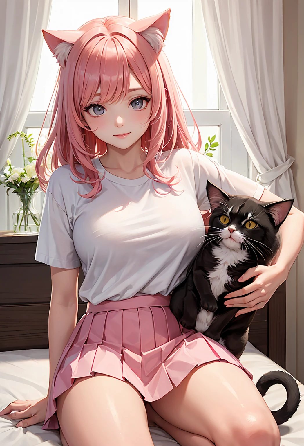 Masterpiece, Top quality, Super detail, the wallpaper, Break, 15 years old, Cat ears, Pink hair, Big eyes, Long eyelashes, Mouth closed, Break, White T-shirt, Cat print picture, White panties, Tail, Break, Cat pose, arms back behind, Break, Background, Luxury bed, Break,having fun