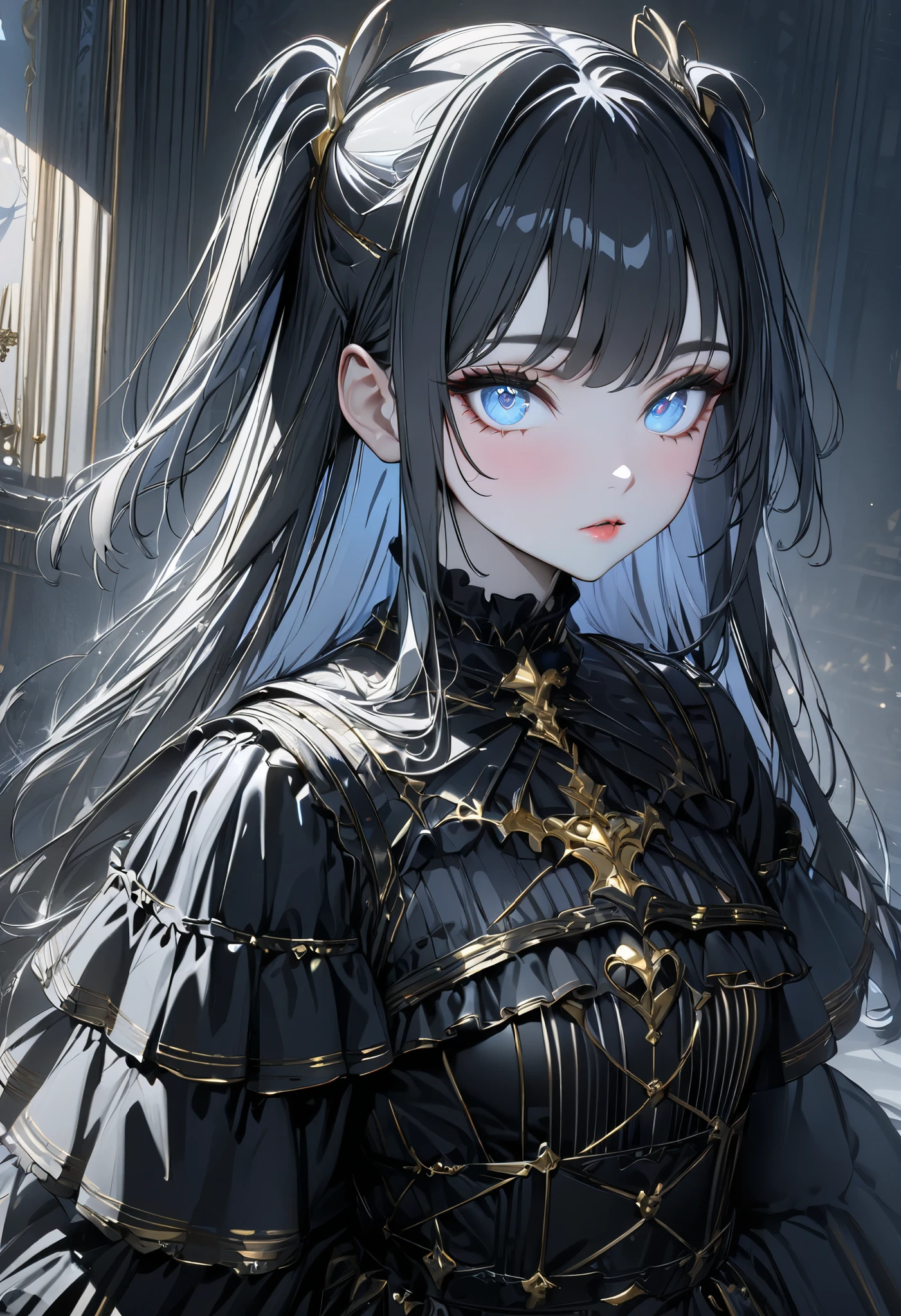 (masterpiece,  best quality :1.2,UHD,High Resolution,Detailed depiction)、 one 18 year old girl 、 slightly red, pale, beautiful, cute lips、 for glossy skin、 well-prepared face、 Beautiful Light Blue Eyes、(( black hair、 two side up))、gray striped hair 、(Exposing gothic clothes 、Gold decorations on clothes)、( slim figure)