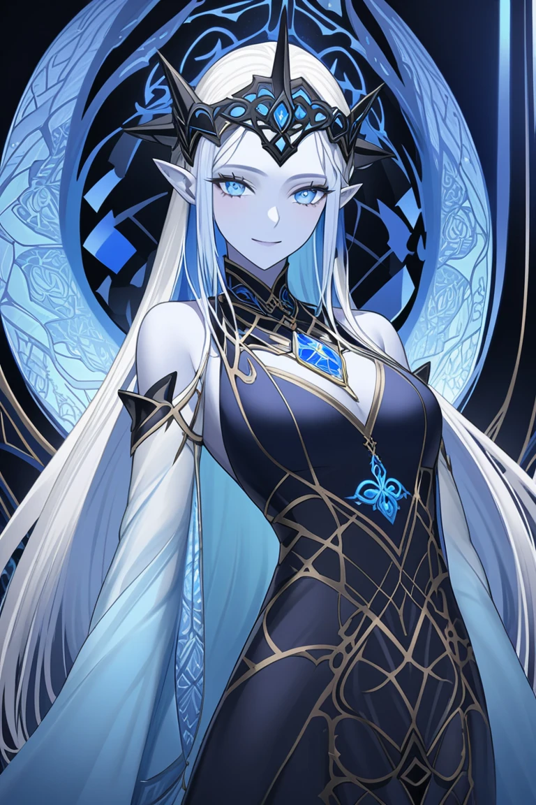 Illustration of a masterpiece featuring a solitary, elegant mature beauty standing in an underwater kingdom , Outdoor , Dressed in a white outfit , wearing a lot of silver jowelery on her with transparent shiny long sleeves and cape , transparent fluffy long hem, jowelery hanging on the chest , silver shocker, teardrop accessories, silver white pants, silver heeled boots wears a lot of accessories, exudes a cold expression, solemn expression, lips closed, Her long, white hair, with side locks and midnight blue streaks adorned with silver circlet . (Slitted Sharp silver pale eyes) , heavily lined with midnight-blue eyeliner and eyeshadow, dark midnight lipstick on the lips, hold a piercing gaze. face characterized by best quality, hyper-detailed features, showcases charming patterns, broad and delicate shoulders, and very small breasts , flat chest. A small, blue teardrop tattoo on her forehead, long eyelashes , water theme , beautiful merfork_landscape, (((pale eyes , sharp eyes , silver pupils))) , (((dark_midnight blue lipstick))) blue claws , water magic, hydro , underwater , water goddess , small pointy ears