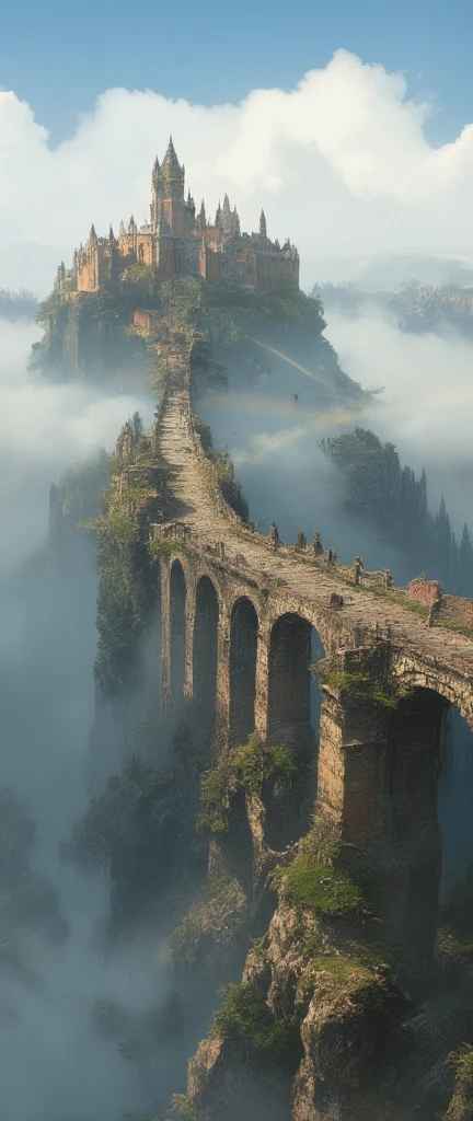  A very old bridge \( float in the sky , 即将倒塌,  Many rainbows shine through the mist \) connected to an ancient castle  float in the sky .  is diffusely reflected through the fog .  stretch far into the foreground ， is about to collapse and . in the thick fog and haze .