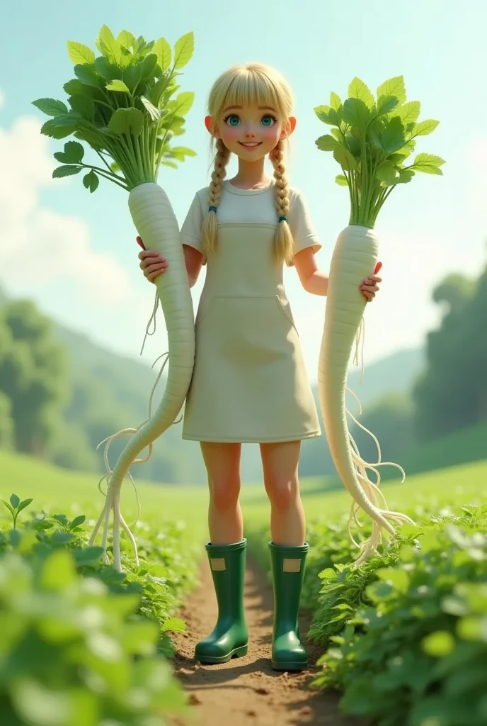 Super realistic illustration, Cinema 4D rendering, 1 lady, solo, full body, happy smile, braided blonde hair, blunt bangs, Azure eyes. Pointy Ears, white apron with sleeves, green rubber boots, Harvesting daikon in a large field, holding a Daikon, ((Daikon: shaped like a woman's crotch or thigh, It becomes bifurcated from the center, the pointed tips are tangled and twisted, tip, Daikon leaves growing at the top, White Daikon texture, The white part and the leaf part show a natural connection typical of Daikon)), Pastoral Idyll