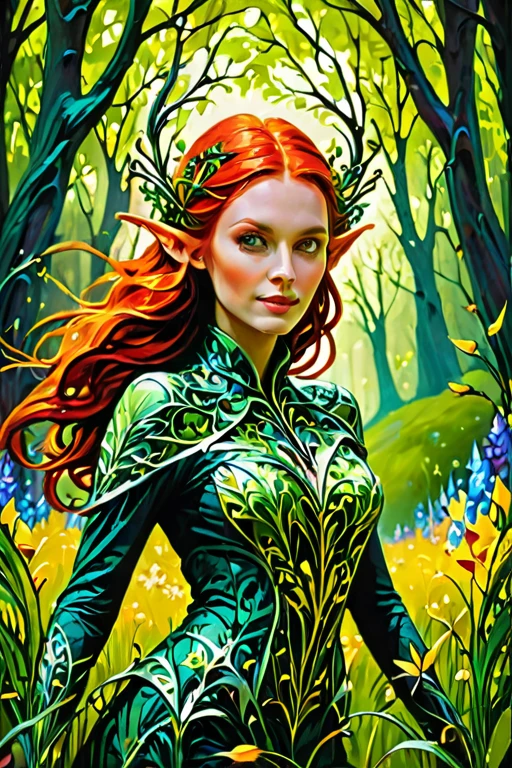 beautiful woman, red hair, forest in background, flowers, intricate details, masterpiece, hyper realistic, realism, photography, raw photo, colorful, horror theme ethereal fantasy concept art of abstract fractal, splash, abstract fractal art, elven grass, dreamy,xxx