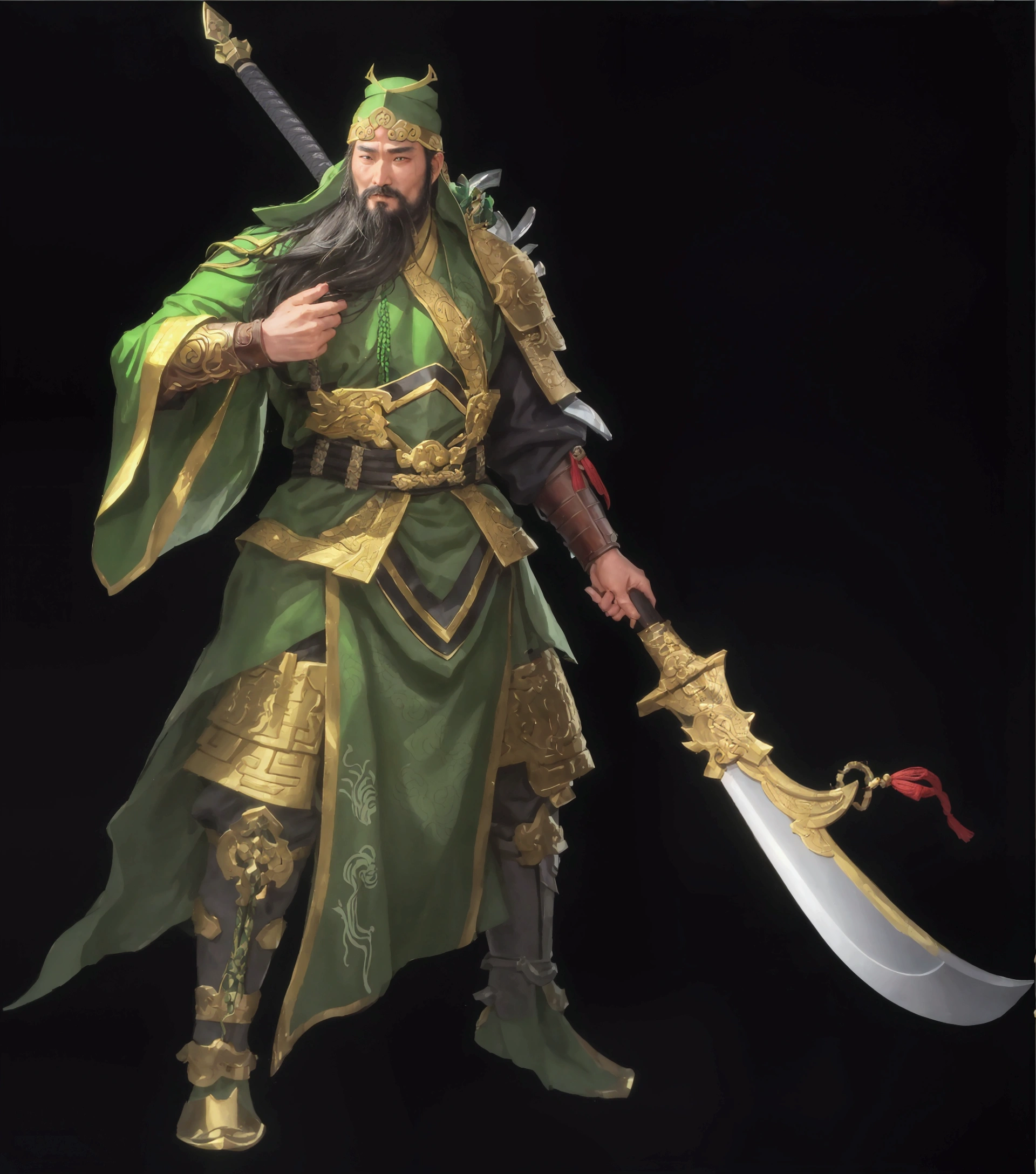 a close up of a person with a sword and a green outfit, guan yu, inspired by Huang Shen, inspired by Hu Zaobin, bian lian, inspired by Shen Zhou, inspired by Wu Bin, olchas logan cure liang xing, inspired by Huang Ding, inspired by Du Jin, inspired by Li Kan, inspired by Cao Zhibai