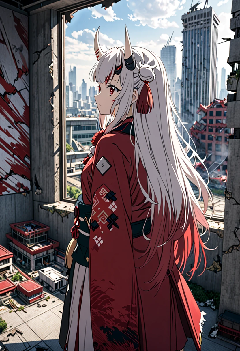 8K Ultra High-Quality, ultra-detailed, High quality, Nakiri ayame, white oni horns, long hair, side view, standing infront of window, modern bedroom, ruined destroyed city background
