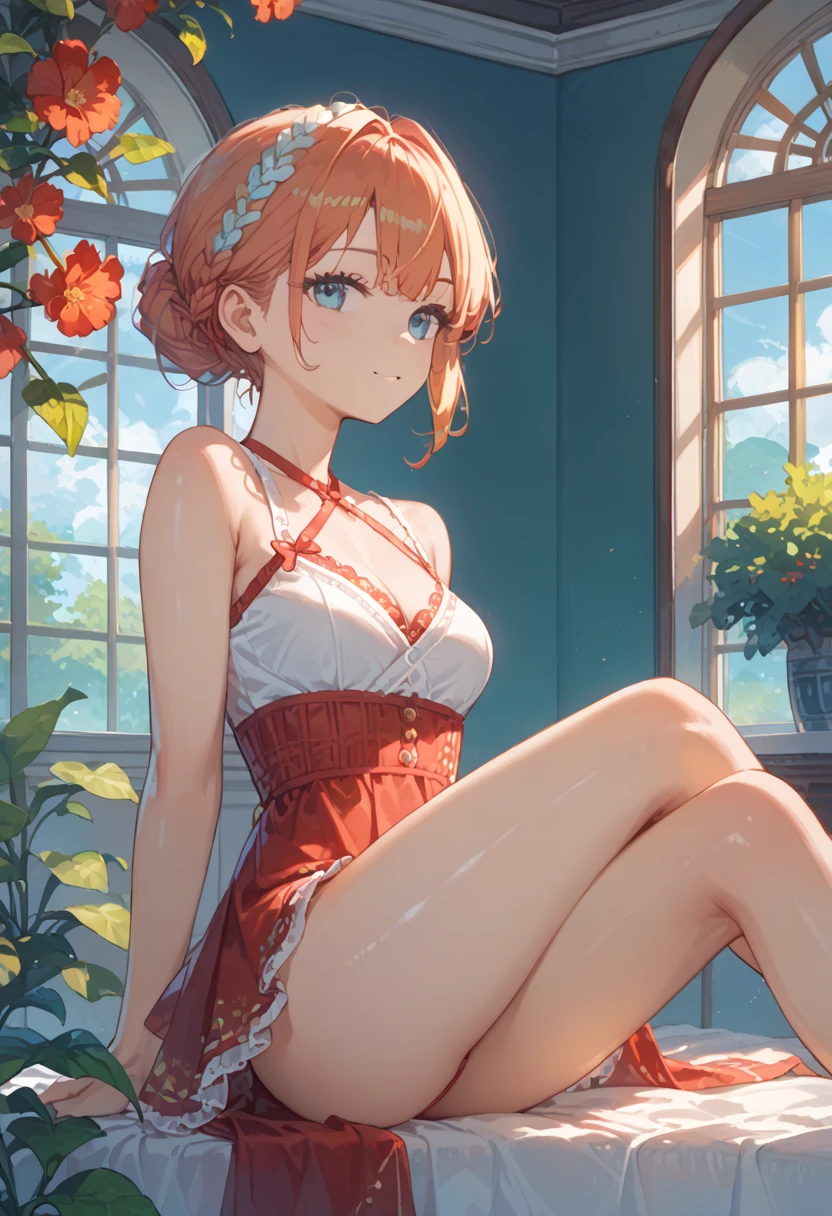 anime,  girl ,  sexy, Charming,  in a beautiful Summer Outfit, sleeveless,  on the leg Ribbon , beautiful colors, Background Hotel Hall ,  Beautiful Interior ,  shrubs , Shine, bright colors, rich colors , 8 k,  Complex Details , masterpiece,  better quality,