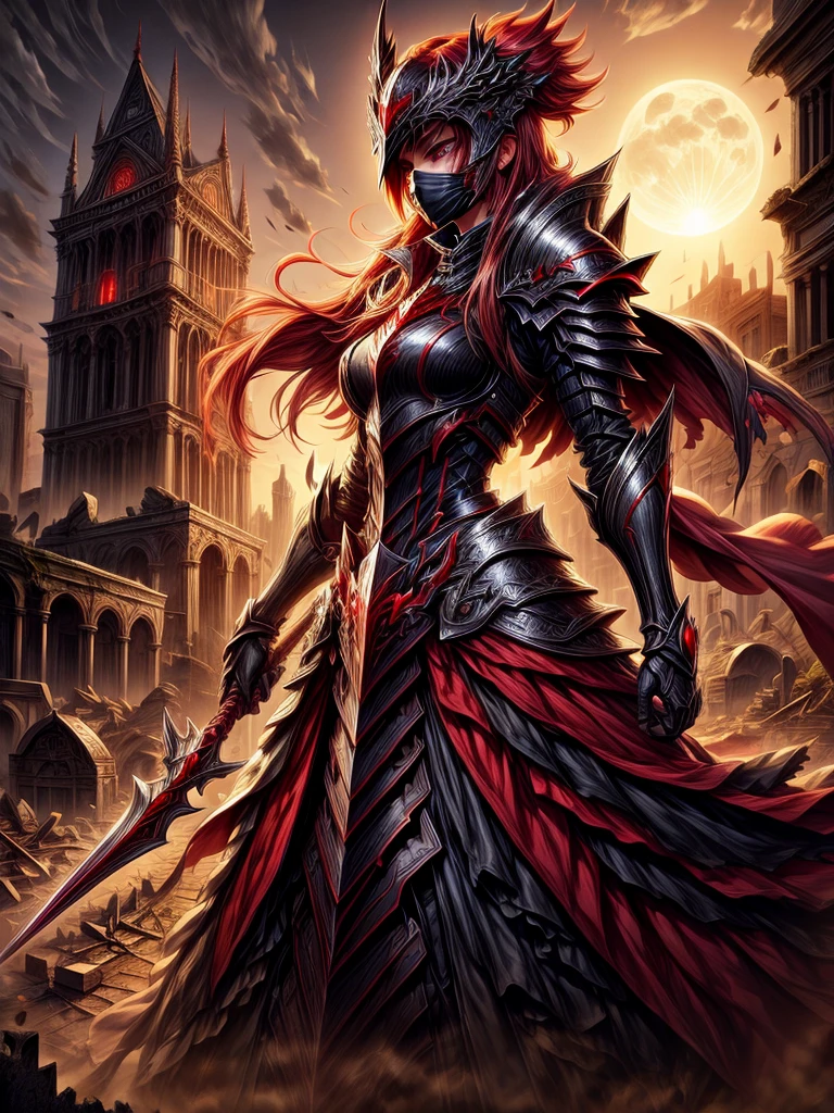 Brilliant scarlet red-eyed female Dark Knight in mask with ruins in the moonlight background