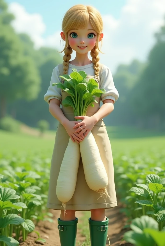 Super realistic illustration, Cinema 4D rendering, 1 lady, solo, full body, happy smile, braided blonde hair, blunt bangs, Azure eyes. Pointy Ears, white apron with sleeves, green rubber boots, Harvesting daikon in a large field, holding a Daikon, ((Daikon: shaped like a woman's crotch or thigh, It becomes bifurcated from the center, the pointed tips are tangled and twisted, tip, Daikon leaves growing at the top, White Daikon texture, The white part and the leaf part show a natural connection typical of Daikon)), Pastoral Idyll