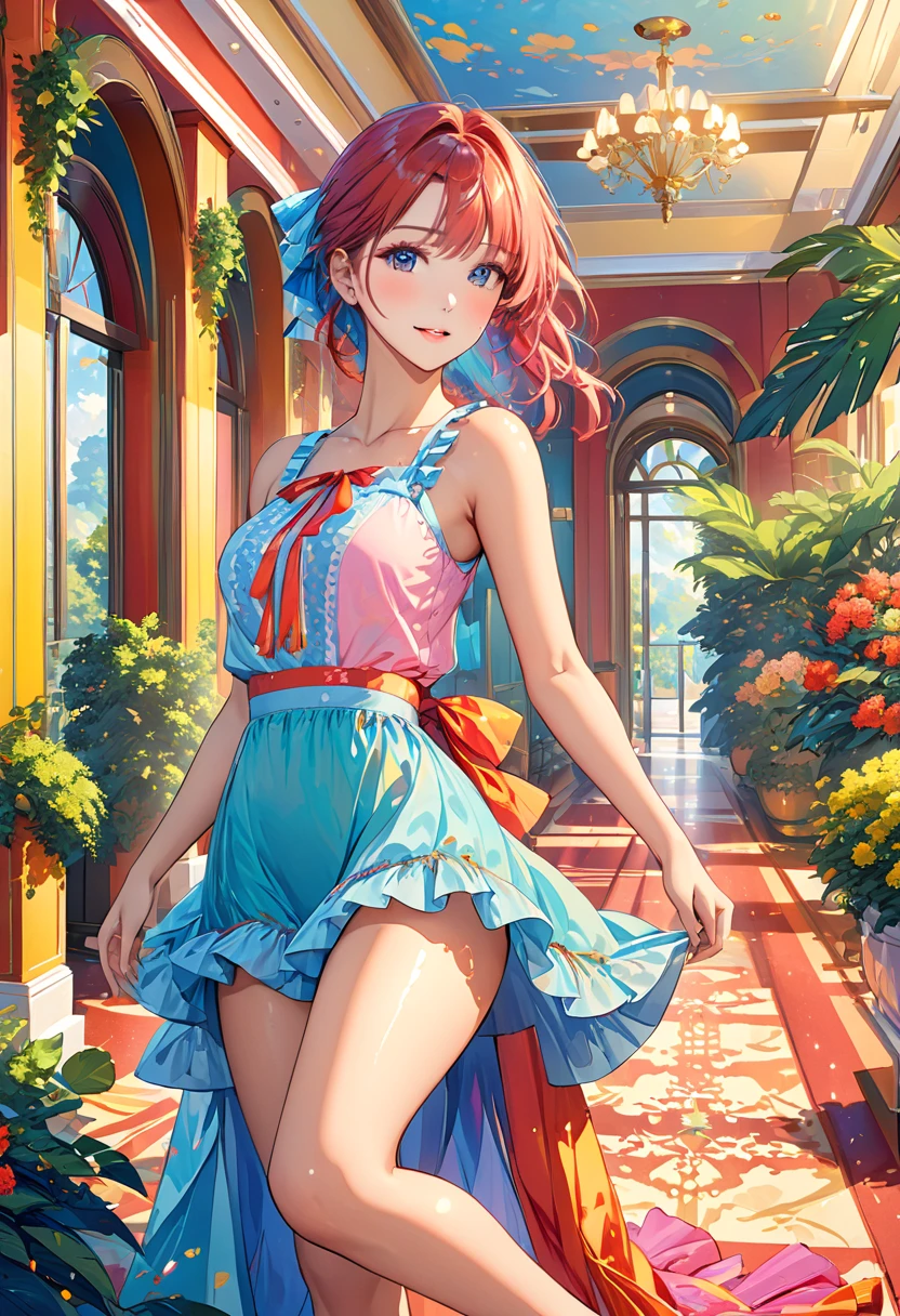 anime,  girl ,  sexy, Charming,  in a beautiful Summer Outfit, sleeveless,  on the leg Ribbon , beautiful colors, Background Hotel Hall ,  Beautiful Interior ,  shrubs , Shine, bright colors, rich colors , 8 k,  Complex Details , masterpiece,  better quality,