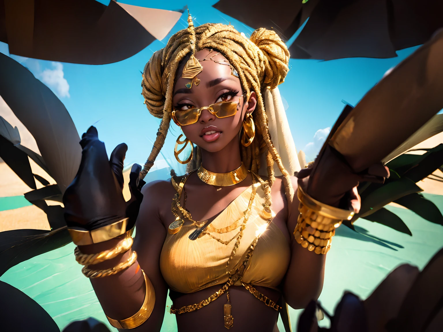 a close up portrait, an African American woman, voluptuous, snarl facial expression, gold teeth, golden smile, dark skin, golden teeth, dread loc or afro hairstyle, (photorealistic, HDR, 8K, Masterpiece), wearing third eye sun glasses, wearing shades with three lens, woman sitting on beach