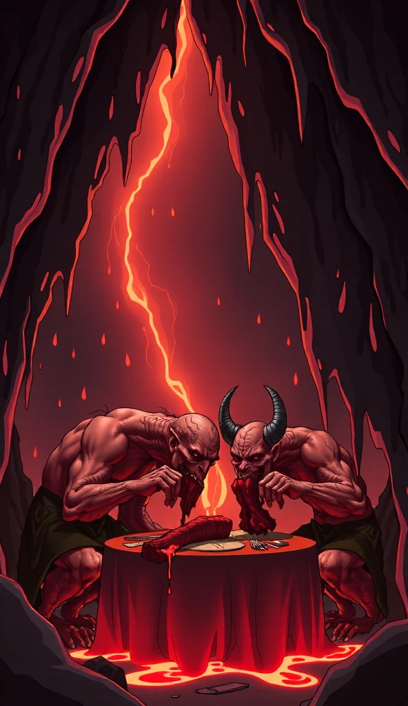 A detailed, surreal illustration of a jin and a demon dining in a foreboding, dark cave. The cave features jagged stalactites hanging from the ceiling and glowing streams of lava cutting through the rocky floor. The jin and demon, with grotesque appearances, are hunched over as they devour raw meat dripping with blood, using only their left hands. Their savage eating habits are emphasized by their messy surroundings and exaggerated, rough gestures. The atmosphere is illuminated by eerie red lighting and dramatic shadows, enhancing the sinister and tense mood, and symbolizing the stark contrast between their uncouth behavior and human decorum.