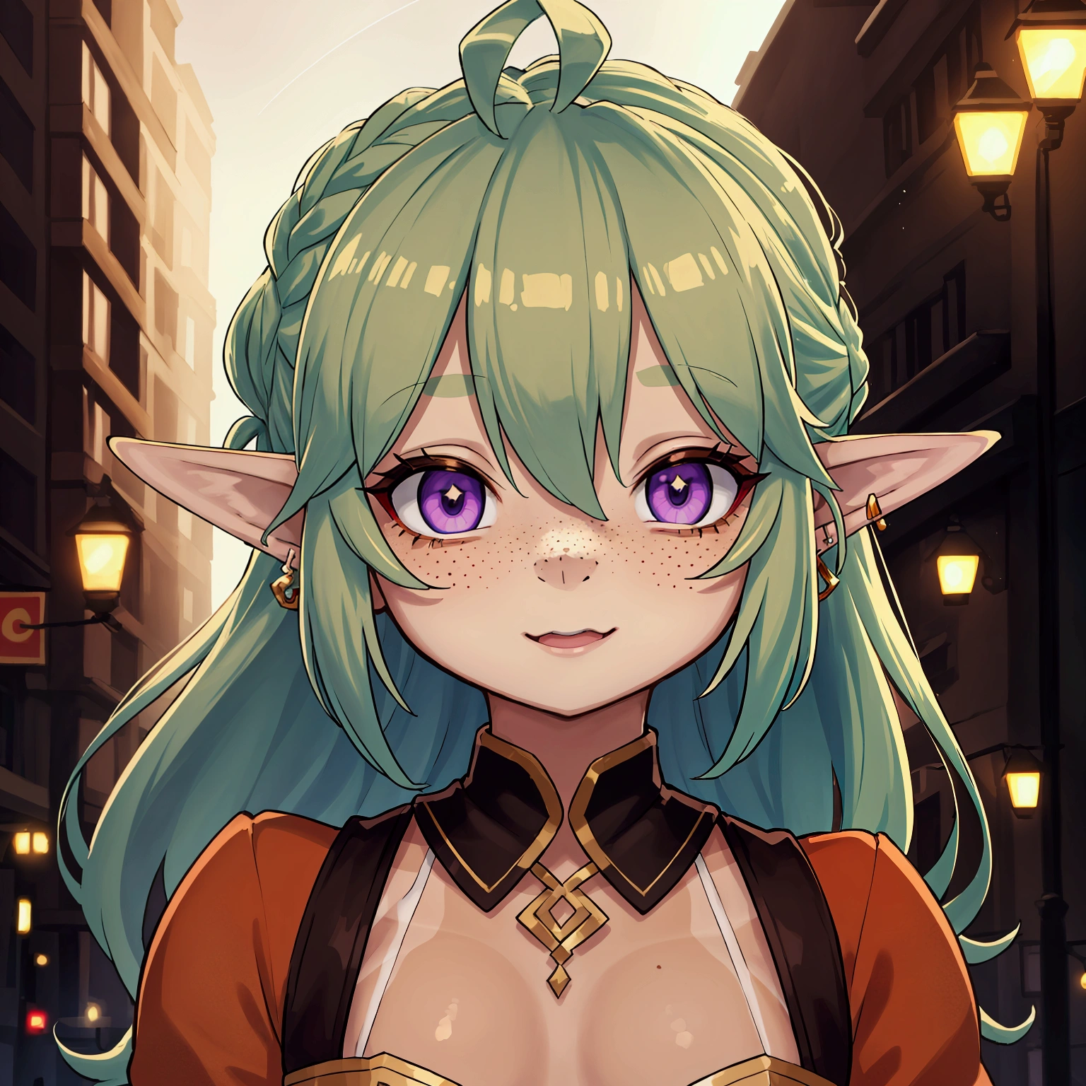 portrait shot:1.2, (masterpiece), best quality, 8k, Professional photography, dynamic lighting, BREAK, (purple eyes), detailed eyes, High Elf, (tan skin:1.3), pastel green hair, ((ahoge french braid:1.2)), (freckles), elf ears:1.2, BREAK, hoops earrings, joyful laugh, BREAK, Soft peach blush across the cheeks, BREAK, dewy foundation with a luminous finish, BREAK, subtle brown eyeshadow blending into light gold, BREAK, thin black eyeliner creating a small wing, BREAK, glossy coral lip tint, BREAK, bokeh:1.2 scenario urban environment, vibrant lights,
