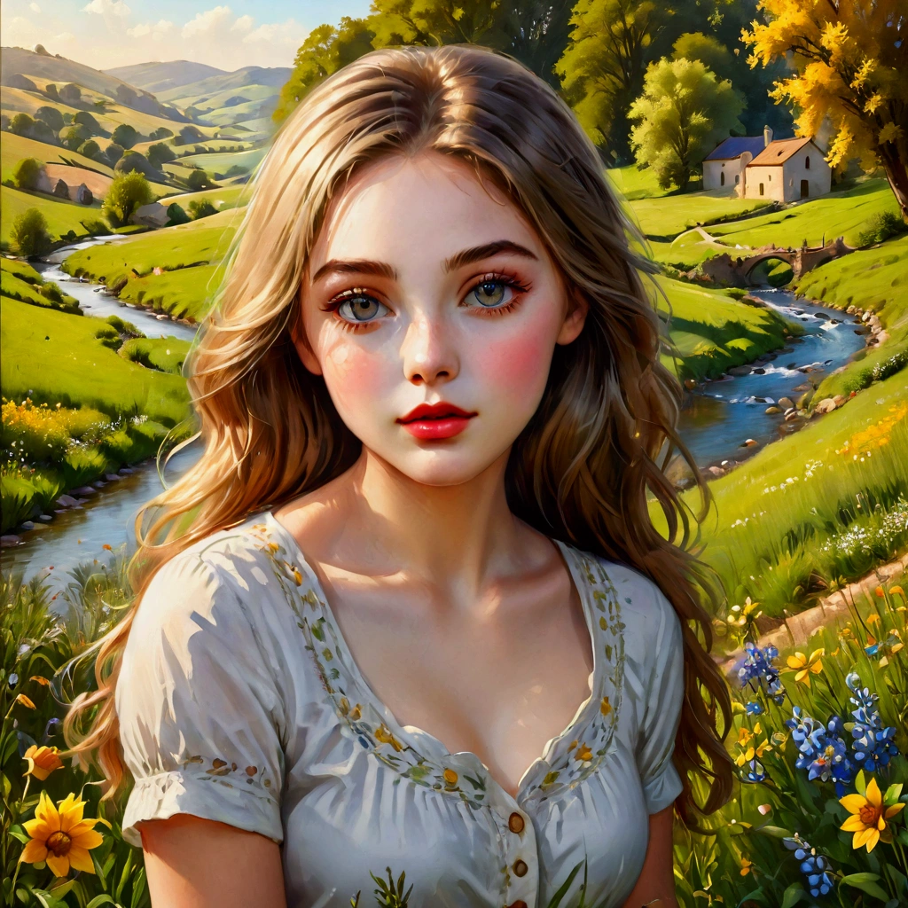 1 girl in a pastoral countryside, beautiful detailed eyes, beautiful detailed lips, extremely detailed eyes and face, long eyelashes, soft natural lighting, golden hour, warm color tones, detailed foliage, lush greenery, rolling hills, idyllic meadows, wildflowers, blooming flowers, tranquil stream, reflection in water, (best quality,8k,highres,masterpiece:1.2),ultra-detailed,(realistic,photorealistic,photo-realistic:1.37),vibrant colors,landscape,cinematic composition