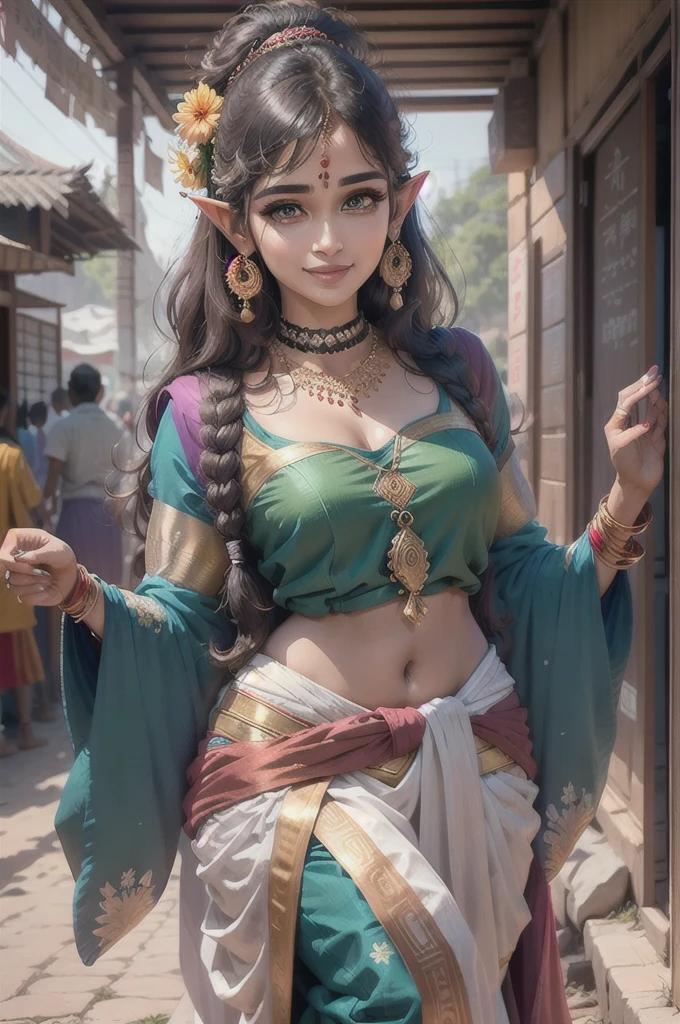 4k, beautiful, pretty face, elf girl, petite, young, 20s, (masterpiece:1.2), (best quality:1.2), (tiny waist:1.3), wide hips, necklace, perfect eyes, White eyes, white pupils, perfect face, perfect lighting, (shy:1.2), introvert, looking away, blush, (1girl) , black hair, green outfit, (straight hair), wide mouth, thick lips,  india, Hinduism, indian clothes, a close up portrait photo of beautiful Raashi Khanna, Raashi Khanna, black  hair, green and violet dress, orange clothes, white clothes, green clothes, indian flag dress, Black hair bob, (8k, RAW photo, photorealistic: 1.25), (very lip gloss, eyelashes, watery eyes, highest quality, ultra high resolution, depth of field, chromatic aberration, caustics, wide light, natural color , Japanese, female in her 30s), staring at viewer, necklace, choker, whole body, anusha hot photos in gold dress, traditional beauty, indian goddess, very beautiful girl, indian, beautiful goddess, attractive girl, beautiful and smiling, cute beautiful, gorgeous woman, very attractive and beautiful, gorgeous beautiful woman, elegant smiling pose, very beautiful photo, lovely smile, dramatic smile pose intricate, lovely woman, very beautiful woman, indian style, very extremely beautiful