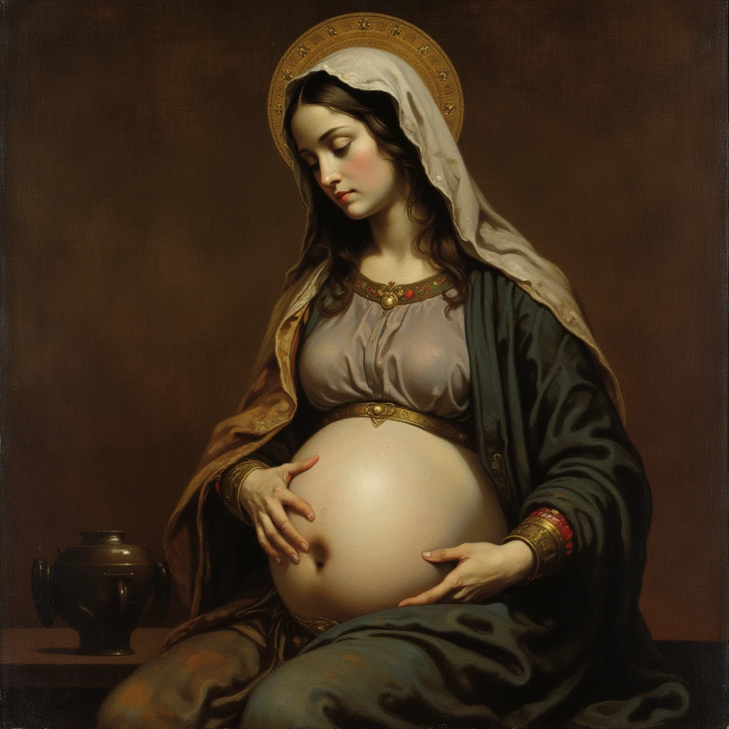 Religious oil painting artwork, the pregnant Virgin Mary, inspired by the painting style of Peter Paul Rubens. 8k.
The pregnant Virgin Mary, in profile to the camera, dressed in humble and simple clothing. She is sitting while touching her belly covered by clothes. Warm and friendly image. Religious image. He wears a holy areola on his head, a symbol of his divinity. Baroque painting style, dramatic lighting and intricate details characteristic of Rubens dynamic and emotive style. Expressive brushstroke, masterpiece, the best quality, very detailed. The background is simple. Typical paint background in oil masterpieces. Expressive brushstroke, textured. 